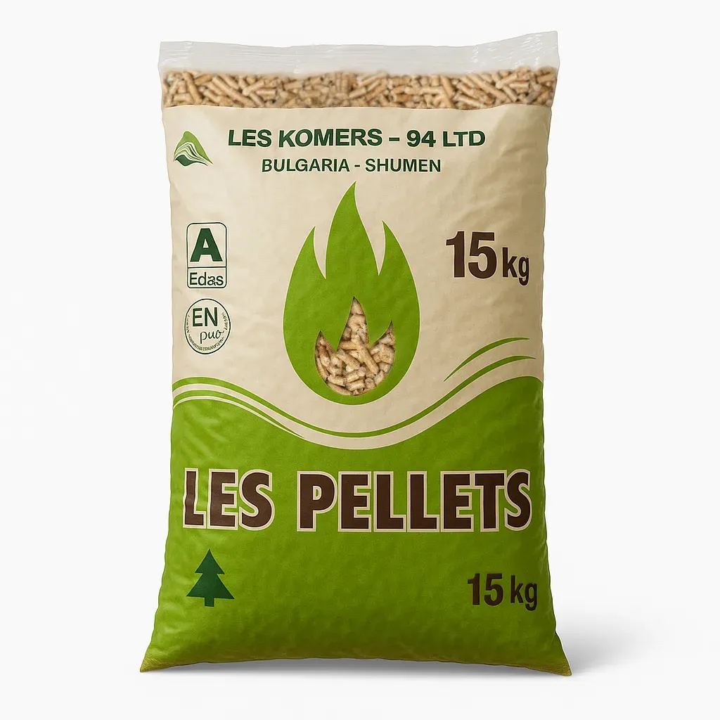 leskomers-lespelets-pelet-klas-a Торба от 15 кг пелети LES Pellets, клас А, зелено-бяла опаковка с прозорец за съдържанието.