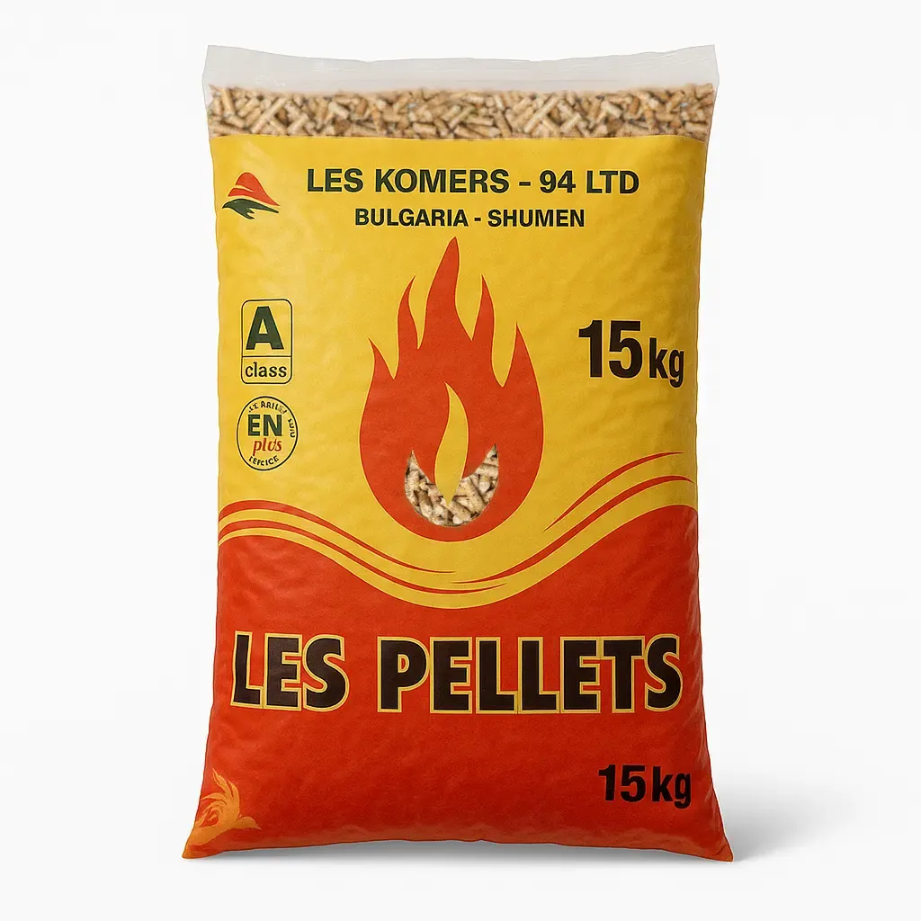 leskomers-lespelets-pelet-klas-a1 Пакет от 15 кг дървесни пелети LES Pellets, клас А1, червено-жълта опаковка с пламък.