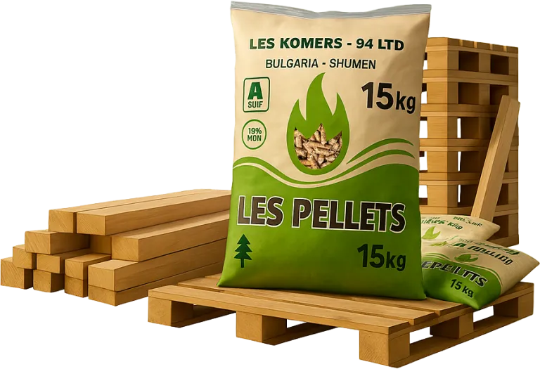leskomers-lespelets-hotspot-image Пакет от 15 кг пелети LES Pellets върху дървен европалет с греди и допълнителни торби отзад.